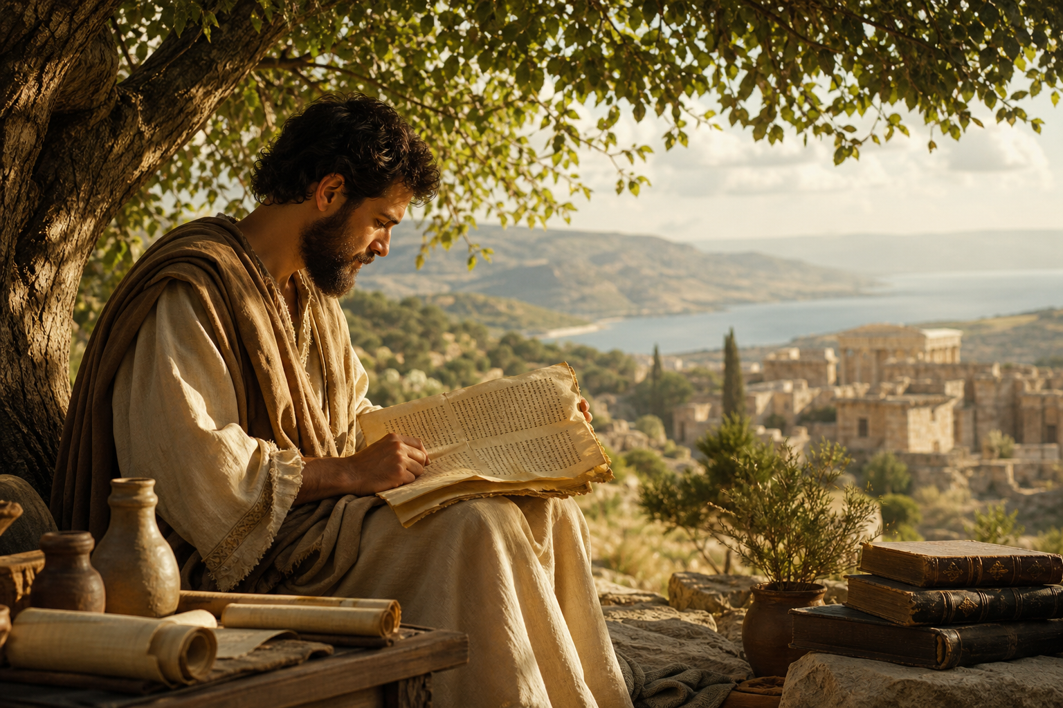 A person reading an ancient manuscript under a tree, reflecting on the importance of understanding scripture.